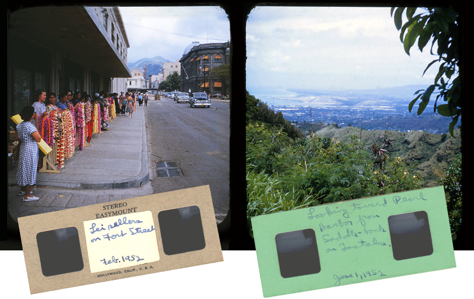 1952 Honolulu lei sellers and view of Pearl Harbor, Oahu