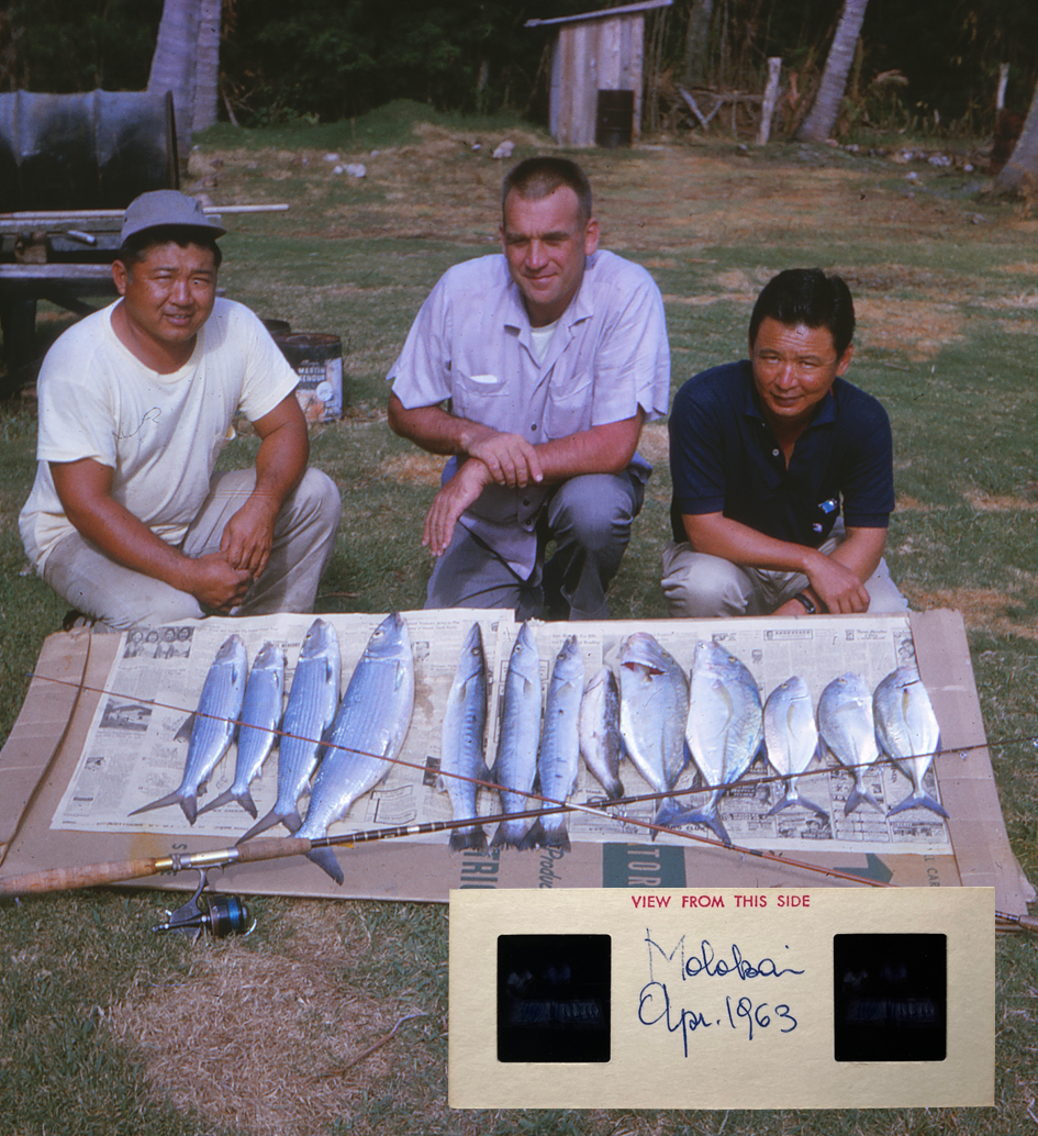 Three of the research stations staff with a display of 13 large fish caught.